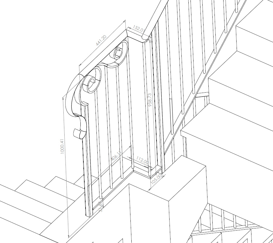 Disegno tecnico corrimano in ferro per scala interna con misure