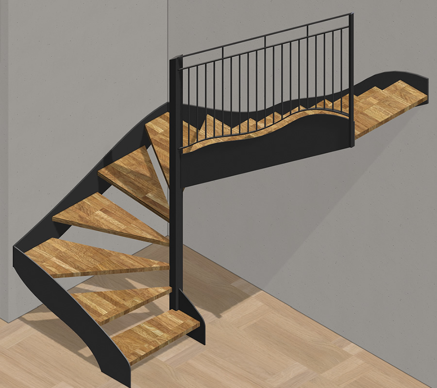 Rendering 3D scala in ferro e legno per interni stile modeno