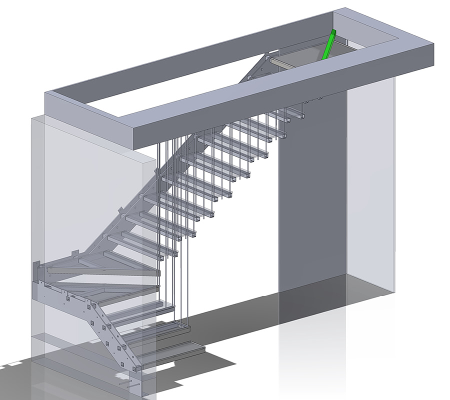 Rendering 3D scala interna in ferro sospesa a sbalzo