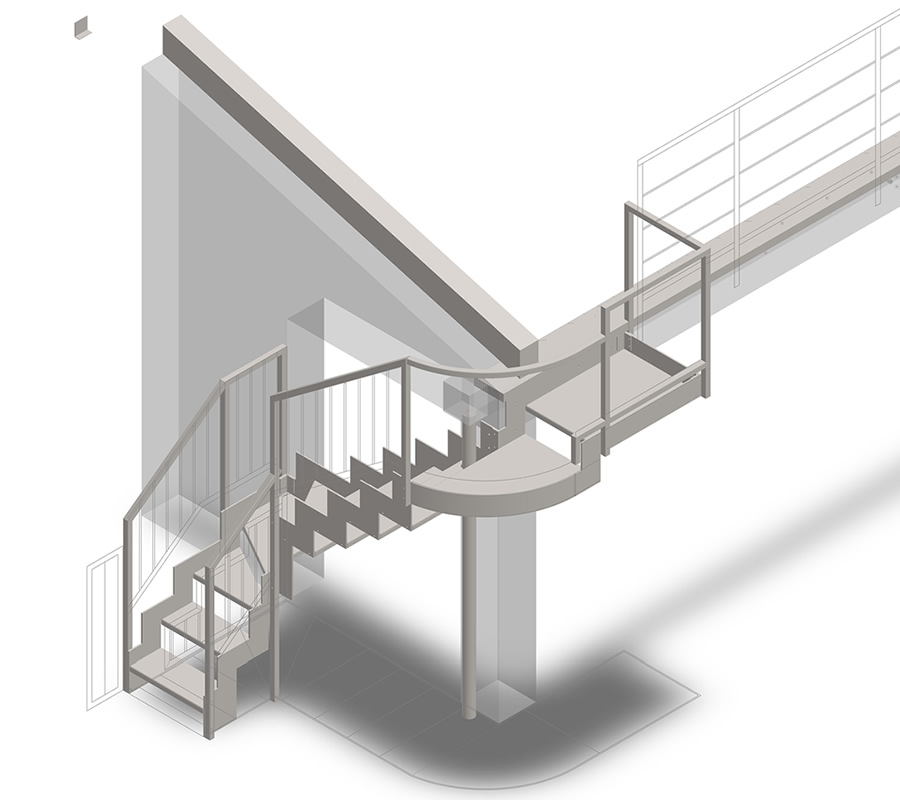 Rendering 3D scala in ferro interna in stile moderno con corrimano