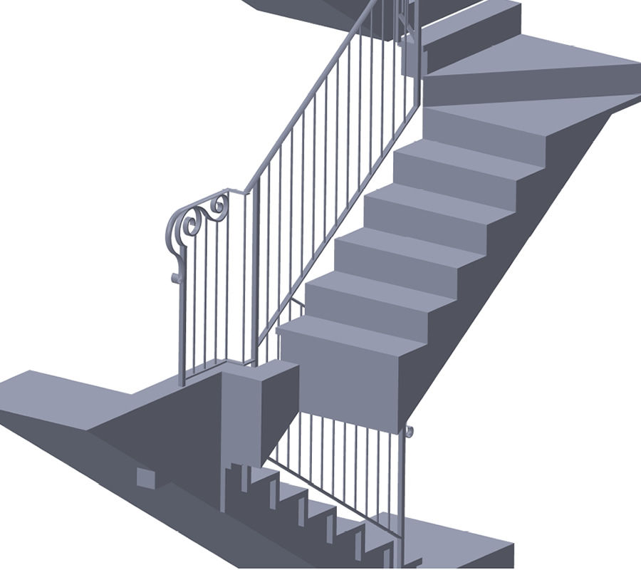 Rendering 3D scala interna in ferro con corrimano