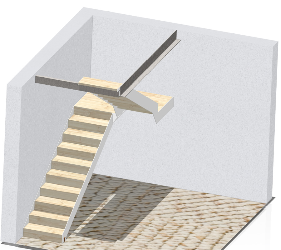 Rendering scala interna con gradini in legno e corrimano in ferro